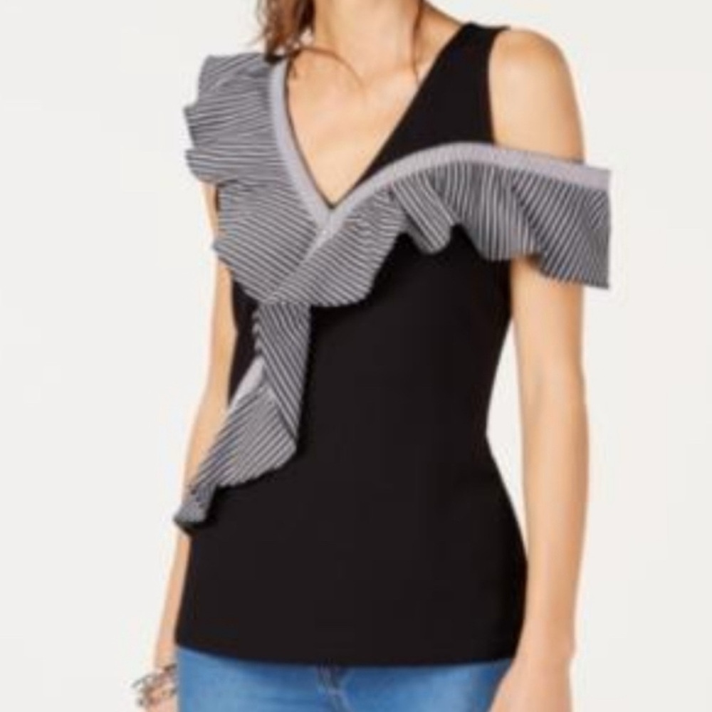 INC Black and White Ruffle V-Neck tank Top